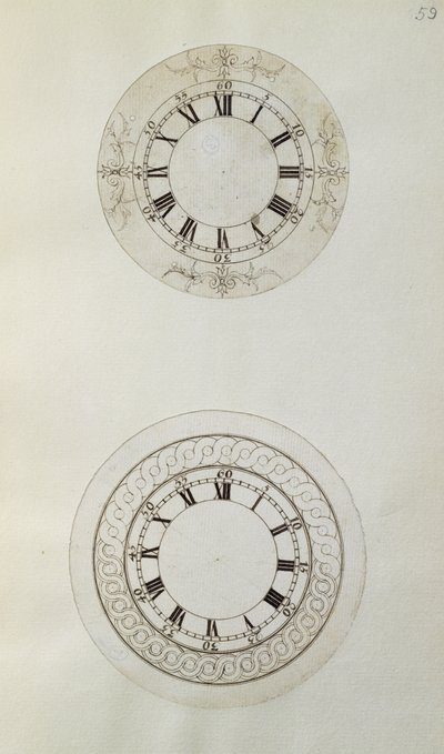 Két terv nagy zománcozott óraszámlapokhoz, John Harrison (1693-1776) és fia, William (c.1726-72) által összeállított mechanikai megjegyzésekből és rajzokból (toll és tinta papíron) alkotó: Unbekannt