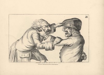 Két parasztember, Hal és Dick összeveszik egy pletyka miatt, miszerint Hal felesége, Doll hűtlen volt. Rézmetszet Timothy Bobbin (John Collier) (1708-1786) szatirikus illusztrációja után a Human Passions Delineated, John Haywood, Manchester című kötetből. alkotó: Unbekannter Künstler