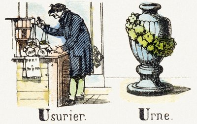 U – Uzsora – Urne – Gyermekszórakoztató ábécé 1890 körül (litográfia) alkotó: Unbekannt