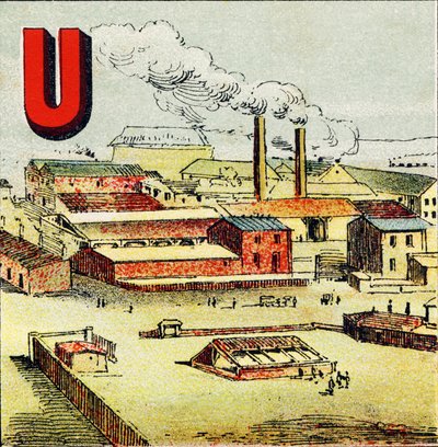 U: Gyári. A gyár egy hatalmas gyár, ahol nagyszámú gép található; mint a Le Creusot gigantikus gyárában – Földrajzi ábécéből kivont metszet. Guerin-Muller et Cie, kiadók, Párizs alkotó: Unbekannt