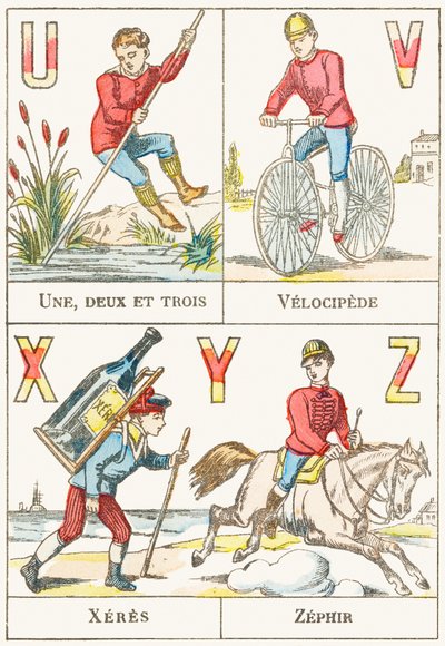 U V X Y Z; U: Egy, kettő és három; V: Velocipede; X: sherry; Z: Zephir – Játékábécé, 1890 körül (metszet) alkotó: Unbekannt