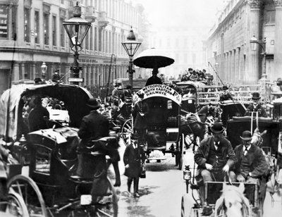 Egyesült Királyság: Forgalmas jelenet a bankban, a Metropolitan és a South Eastern Railways buszát mutatják be. London, 1878 alkotó: Unbekannt