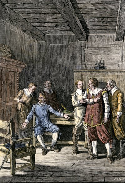 Amerikai Egyesült Államok, Massachusetts: John Winthrop (1588-1649) és Thomas Dudley (1576-1653) közötti vita a Massachusetts-öböl gyarmaton. Színes metszet a 19. századból. alkotó: Unbekannter Künstler