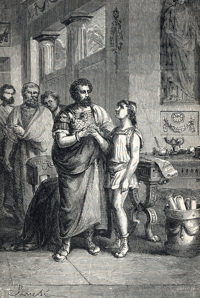II. Valentinianus ismerte el Gratianus római császárt (375). 1888 (metszet) alkotó: Unbekannter Künstler