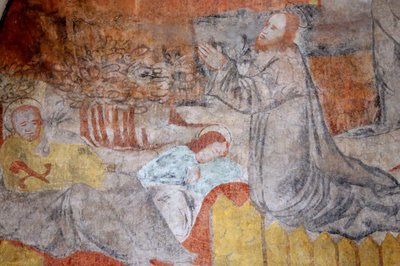 Vault de Lugny templom. 16. századi falfestmény. Krisztus szenvedélyében. Gecsemáné, Jézus imádkozik, közben a tanítványok pihennek. Franciaország Â alkotó: Unbekannt