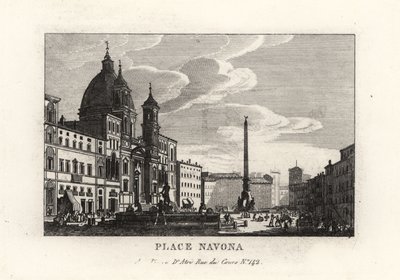 Kilátás a Piazza Navona térre, szökőkúttal, egyiptomi obeliszk és Sant