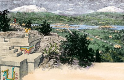 Tenochtitlan (vagy Mexikó Tenochtitlan) városának látképe, ahogyan a Texoco-tóban található szigeten állt, amikor az azték birodalom fővárosa volt, 1521 előtt - Színezett metszet. alkotó: Unbekannter Künstler