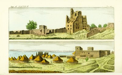 Kilátás a szudáni Sennar mecsetére és házaira (alul), valamint Sennar Funj király házának romjaira (fent) a Kék-Níluson alkotó: Unbekannt