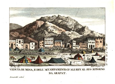 Mina falu látképe az Arafat sivatagban (Sátorváros, Mekka, Szaúd-Arábia). Ali Bey el Abbassi illusztrációja a Marokkói, tripoli, ciprusi, egyiptomi, arab, szíriai és törökországi utazásaiból, London 1816. dell