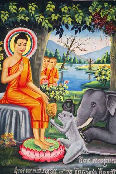 Falfestmény a Wat Pitchey Udongban: Jelenet Buddha életéből. Buddhát egy majom táplálta, miközben Kampot Cambodge-ban böjtölt alkotó: Unbekannt