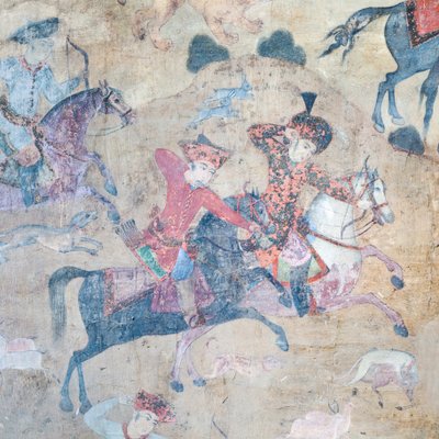 Falfestmények a Qeysarieh portálon, Naqsh-e Jahan Imam Square, Esfahan, Irán (freskó) alkotó: Unbekannter Künstler