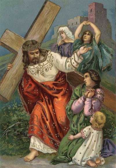 Keresztút - via crucis - Keresztút: nyolcadik állomás, Jézus találkozik a jeruzsálemi nőkkel Kromolitográfia Magángyűjtemény alkotó: Unbekannt