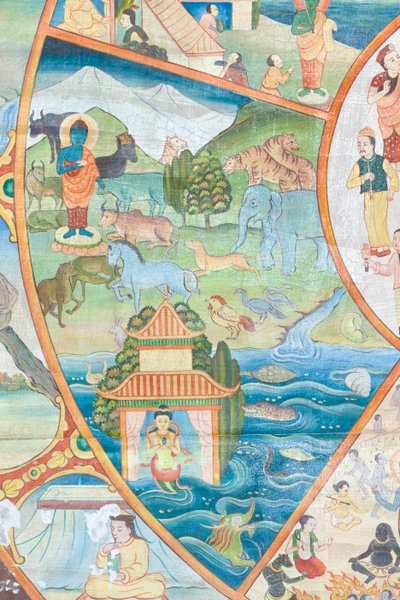 Életkerék, részletek, falfestés a wat Umongban, Chiang Mai, Thaiföld alkotó: Unbekannter Künstler