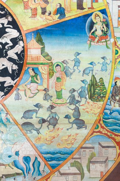 Életkerék, részletek, falfestés a wat Umongban, Chiang Mai, Thaiföld alkotó: Unbekannter Künstler