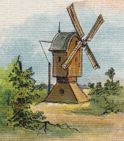 Szélmalom. Metszet "Alphabet de ma petite fille". Bernardin-Bechet és Fils, könyvkereskedő-kiadók, Párizs, 1895 körül. Törhetetlen album vásznon. Bibliotheque des Bebes. 12 oldal. Olvasási módszert és szemléltető abeccedert tartalmazó album. Homályos: alkotó: Unbekannt