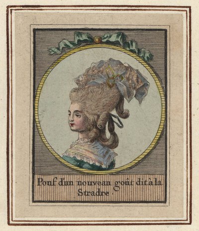 Nő a Stradre nevű új stílusú puffban. Pouf egy új ízléssel mondta a Stradre. Ismeretlen művész kézzel készített rézmetszete az 1783-as divatos frizurák albumából, Suite des Coeffures a la Mode en 1783, Enauts et Rapilly, Pari alkotó: Unbekannter Künstler