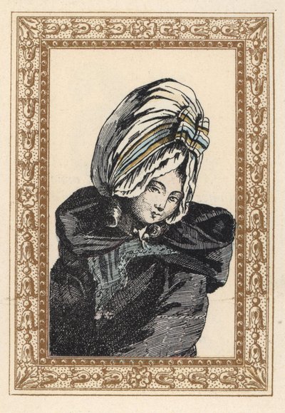 Nő éjszakai köpenyben és nagy Voluptuese kalapban. Éjszakai haj, van a Voluptuous. Kézzel színezett litográfia de Laubadere-től Octave Uzane Stílusos frizura vagy excentrikus díszítés XVI. Lajos király korából, Hairstyles de Style, La Parure Eccentric, Rou alkotó: Unbekannter Künstler