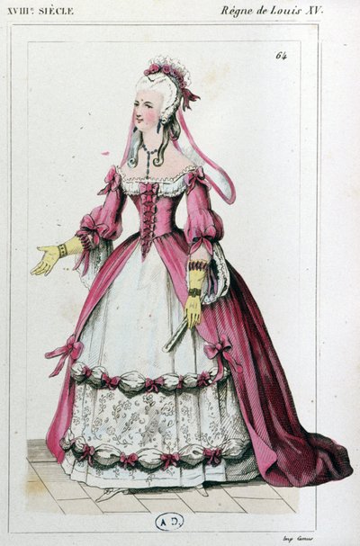 Nő olyan ruhában, mint amilyet Mme de Pompadour viselt, 1810 körül (metszet) alkotó: Unbekannter Künstler
