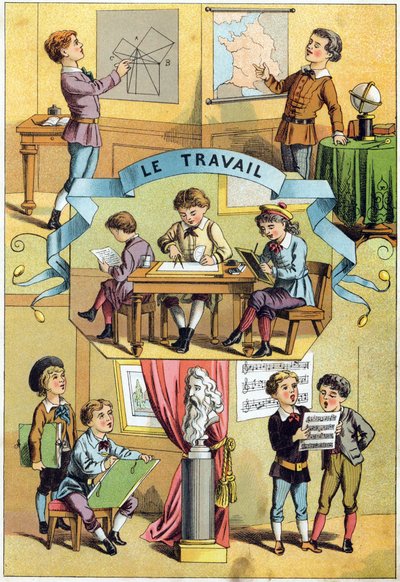 Munka az osztályteremben. Metszet „Alphabet des petits ecoliers” felirattal. Az Epinal képalkotása, 1885 körül. Privee Collection alkotó: Unbekannt