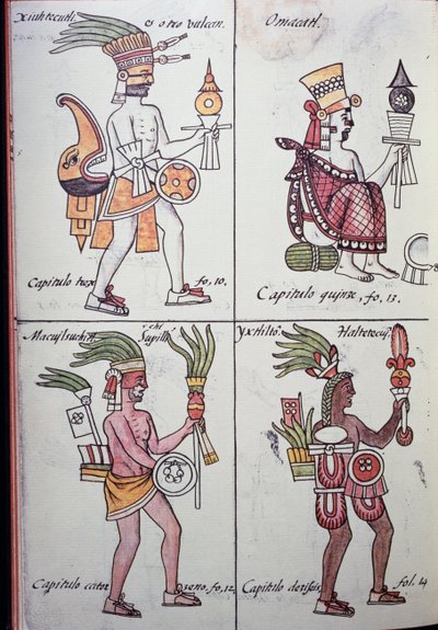 Xiuhtecuhtli, Omacatl, Macuilxochitl, Ixtlilton, oldal a firenzei kódexből, spanyol és nahuatl nyelvű változat, új Spanyolország dolgainak általános története (Historia general de las cosas de Nueva Espana), azték alkotó: Benjamin Baud