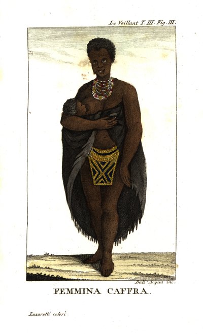 Fiatal san nő szoptatja gyermekét, Dél-Afrika. Köpenyt, nyakláncot és gyöngyös szoknyát visel. Francois Le Vaillant-tól (Levaillant alkotó: Unbekannter Künstler