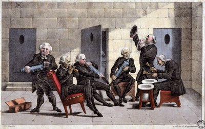 courante-t játszó amatőrök, francia karikatúra az orvosok ellen (kezükben fecskendő és kamrai edény mint hangszer) és a purgatórium ellen, 18. század, Elgelmann metszete, 1830 körül. alkotó: Unbekannter Künstler