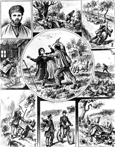a Vacher-ügy Franciaországban a 19. század végén, az egyik első sorozatgyilkos, 1895-1898-ban, metszet alkotó: Unbekannt