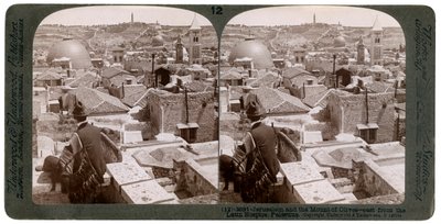 Jeruzsálem és az Olajfák hegye a Latin Hospice-tól keletre nézve, Palesztina, 1900-as évek. alkotó: Underwood and Underwood