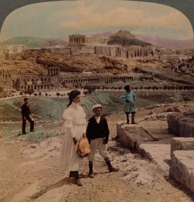 Az athéni Akropolisz, a Lycabettus és a királyi palota, Philopappos emlékművéből, 1907. Művészek: Elmer Underwood, Bert Elias Underwood. alkotó: Underwood and Underwood