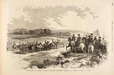 Thomas tábornok dandárjának nagyszabású áttekintése Banks tábornok és vezérkara által Nyugat-Marylandben, a "The Soldier in Our Civil War"-ból. alkotó: Unidentified