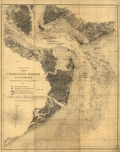 Charleston kikötője és annak megközelítése a lázadó ütegek állásával. LOC 99448827 alkotó: United States Coast Survey