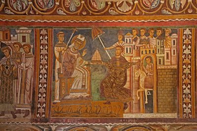 Konstantin császár bemutatja birodalmi tiaráját Szilveszter pápának, uralmat adva neki Róma, a San Silvestro kápolna nyugati fala felett, 1246 alkotó: Unknown