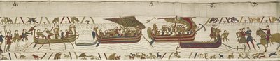 Harold átkel a Csatornán Guy, Ponthieu gróf területére, ahol elfogják, Bayeux Tapestry (gyapjú hímzés vászonra) alkotó: Unknown