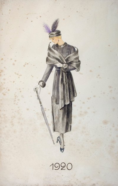 Kabátot és tollas sapkát viselő, esernyőt viselő modell, 1920 alkotó: Unknown