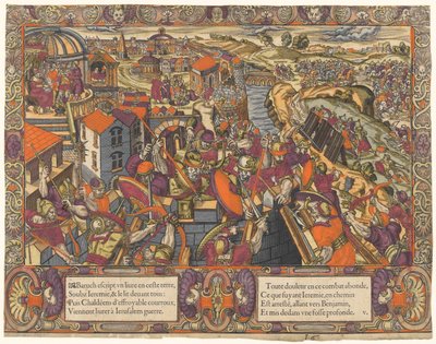 Jeremiás története: Báruk könyvet ír Jeremiás alatt, a káldeusok ostrom alá veszik Jeruzsálemet, Jeremiást árokba teszik (Jeremiás 36-38) alkotó: Unknown