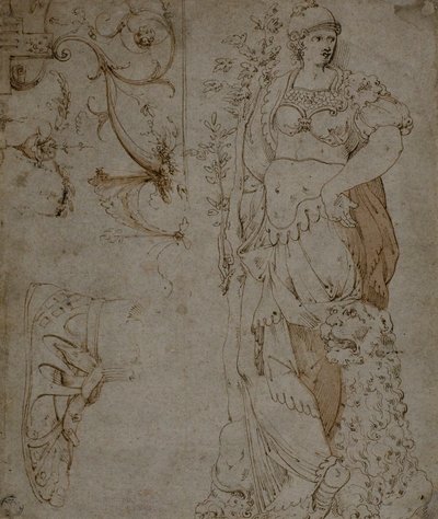 Három vázlat: Fortitude, egy szandál és groteszkek (recto); Vázlatok a groteszkekről és a római cuirassról (verso) alkotó: Unknown