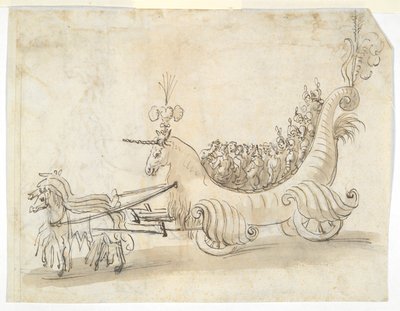 Két viselettanulmány (recto); Egyszarvú formájú szekér (verso) alkotó: Unknown