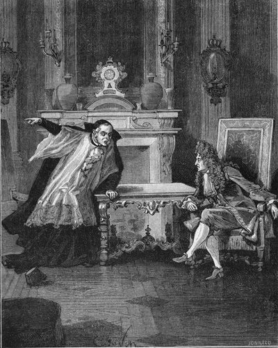 1715: XIV. Lajos francia király (1638-1715) meghallja Michel Le Tellier (1643-1719) atya, jezsuita gyóntatója szavait. századi metszet. Jules Michelet „Histoire de France” című művében alkotó: Unknown artist