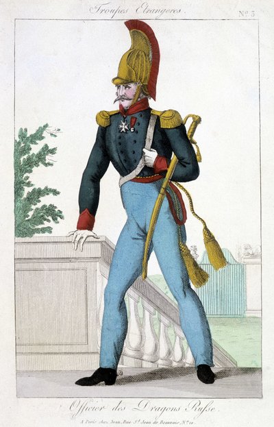 19. századi illusztráció, amely az orosz sárkányok egyik tisztjét ábrázolja. alkotó: Unknown artist