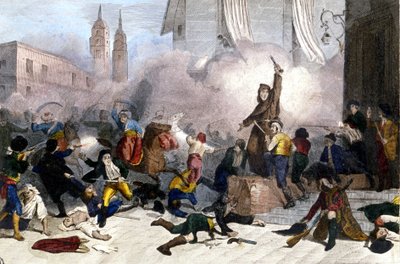 1808.02.05.: Madridi felkelés Spanyolország francia hatalomátvétele ellen. Litográfia 1830 körül. alkotó: Unknown artist