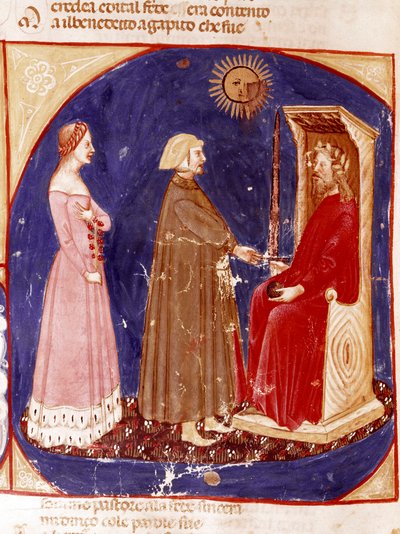 2. mennyország: Dante és Beatrice Justinianus római császárral néz szembe a Paradicsom 1. mennyországában. Megvilágított oldal, amely a Paradicsom dalát illusztrálja Dante Alighieri (1265-1321) „Divina Commedia” című művéből. 14. század, Velence, Bibliotec alkotó: Unknown artist