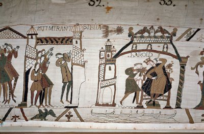 32: Az üstökös megjelenése; 33: Egy hírnök figyelmezteti II. Harold királyt (1022-1066) – Bayeux-i kárpit, Mathilde királynő hímzéseként ismert alkotó: Unknown artist