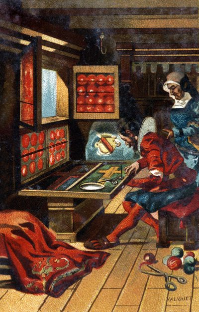 Egy Chasublier (egy munkás, aki mindenféle egyházi ruhát készít) 1546-ban. A 19. század végének kromolitográfiája. alkotó: Unknown artist