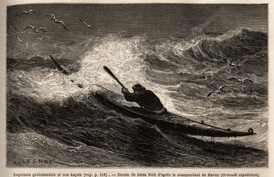 Egy grönlandi kajak, áthalad a hullámkorláton. Doctor Hayes, az Egyesült Államok haditengerészetének sebésze által 1860–1862-ben végzett metszet az Északi-sark szabadtengerére vezető utazás szemléltetésére, amelyet Ed szerkesztett: „Le tour du monde, nouve alkotó: Unknown artist