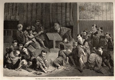 Egy japán iskola a fiatal fiúk oktatására, tanáruk körül guggolva, szavalógyakorlatokon tanulják meg az ábécé és a nyelvtan elemeit. Metszet az 1863-1864-es japán utazás szemléltetésére, Aime Humbert miniszterétől alkotó: Unknown artist