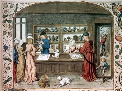 Miniatűr ékszerüzlet a „” Le lapidaire de Jean (Jehan) de Mandeville (1300-1372)” 15. századi Párizsból, B.N. alkotó: Unknown artist