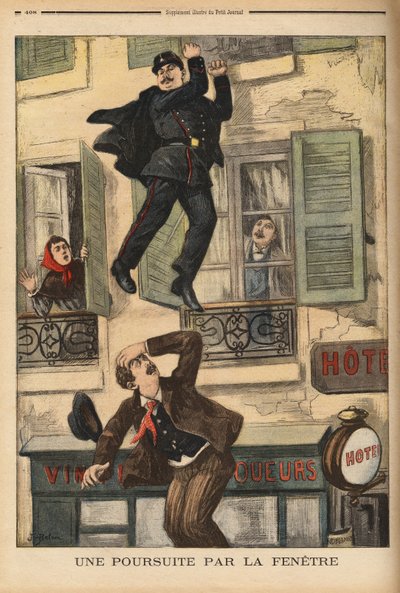 Egy montreuili rendőr nem habozik kidobni magát az ablakon, hogy üldözze a betörőt, aki épp most ugrott, hogy megszökjön üldözői elől. Metszet a „” Le petit journal”-ban 1899.12.17. Selva kollekció. alkotó: Unknown artist