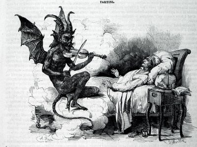 Egy szatíra hegedűn Giuseppe Tartini (1692-1770) olasz zeneszerző, hegedűművész és teoretikus előtt. századi metszet. alkotó: Unknown artist