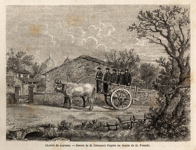 Sziéni parasztok szekér, kétkerekű, boroshordók szállítására, pár kis fehér ökör húzza. Metszet egy 1865-ös sienai (Olaszország) utazás illusztrálására, a „Le tour du monde, nouveau Journal des voyages” című folyóiratban, amely a dir alatt jelent meg. alkotó: Unknown artist