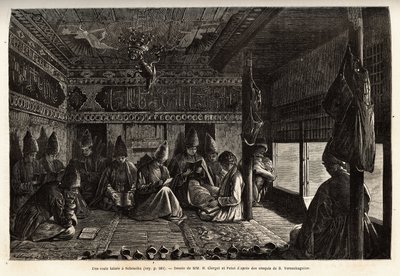 Egy tatár iskola Schusha-ban (Transkaukázia, Oroszország), a fiúkat a mullah tanítja, és kizárólag olvasásból és írásból, valamint a Korán verseinek kommentálásából áll. Metszet a Ca tartományokban való utazás illusztrálására alkotó: Unknown artist